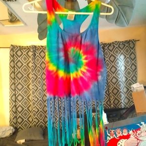 Tie-Dye Fringe Cropped Tank Top